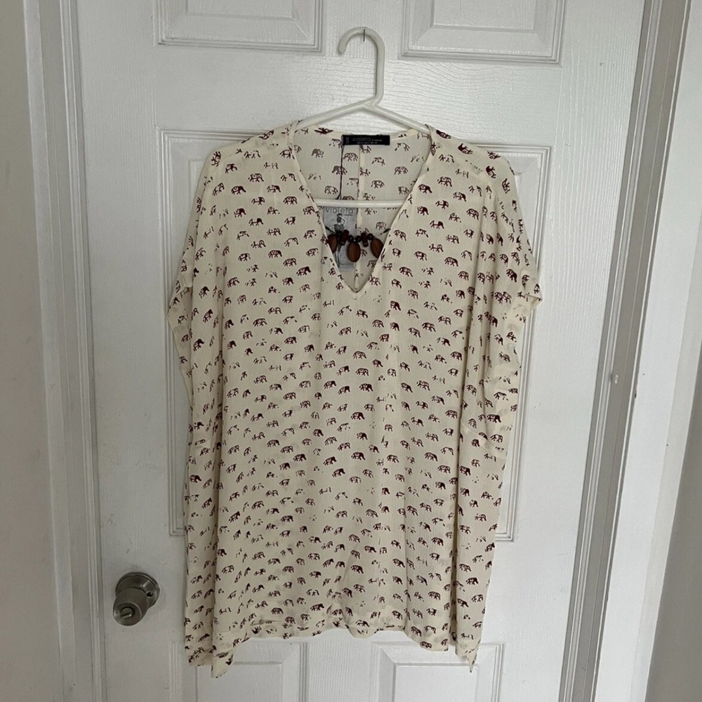 Violeta By Mango Women’s Blouse Top Elephant Print NWT Size L Resort Vacation
